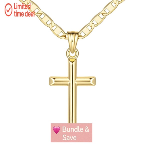 14K Gold Cross Pendant Necklace 26mm Minimalist Faith Chain - Picture 1 of 8
